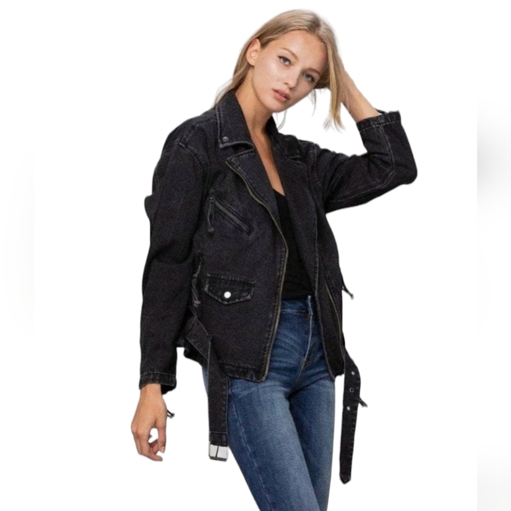 Free People Womens Moto Jacket Washed Out Black Oversized Denim Zippers Medium